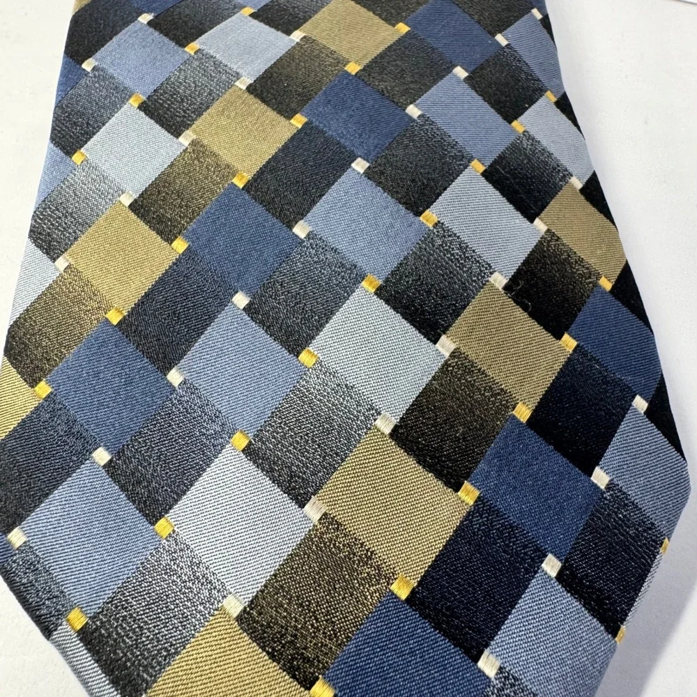 Dockers‎ Mens Necktie Blue Gold Gray Geometric Block Checkered Stain Resistant